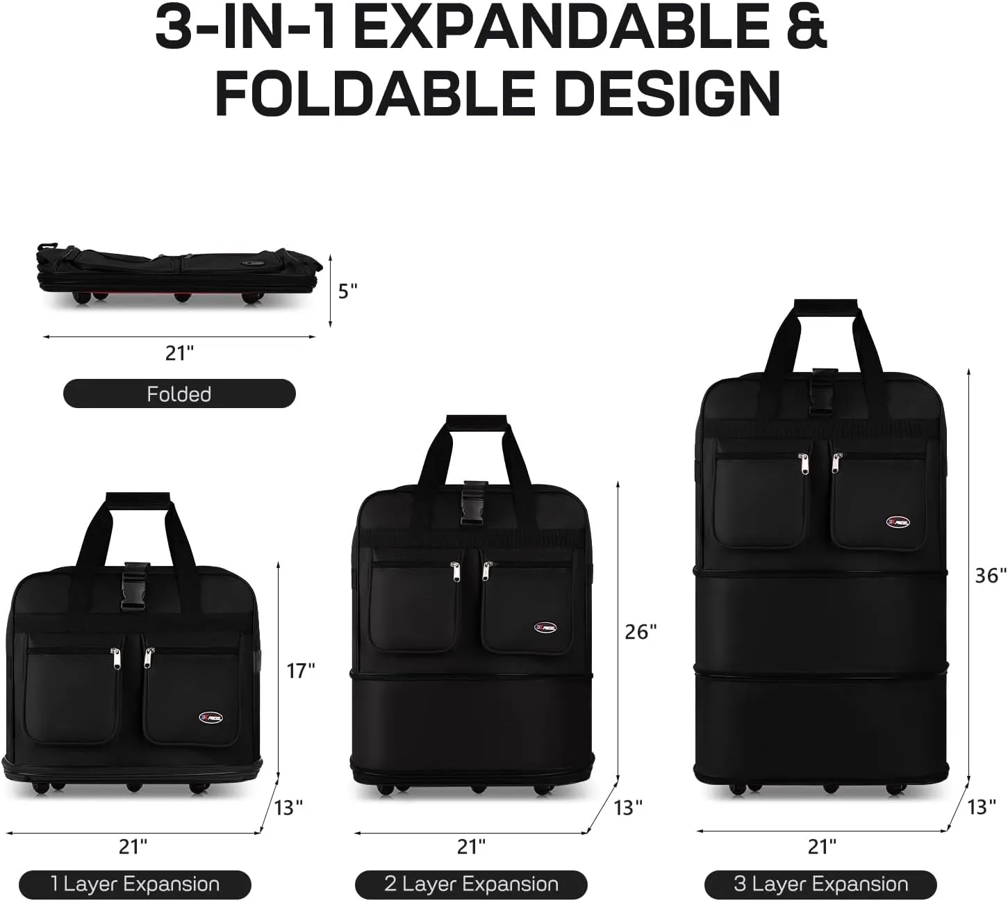 30" 36" 40" Rolling Wheeled Duffel Bag Spinner Luggage Expandable (Black, 36")
