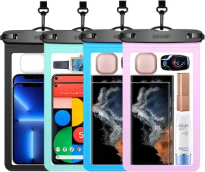 4 Pack 10.5 Large Waterproof Phone Pouch - Underwater Clear Cell Holder - Universal Water Proof Dry Bag with Neck Lanyard for iPhone 16 Pro Max Samsung Galaxy with Heavy Case for Beach Swimming Pool