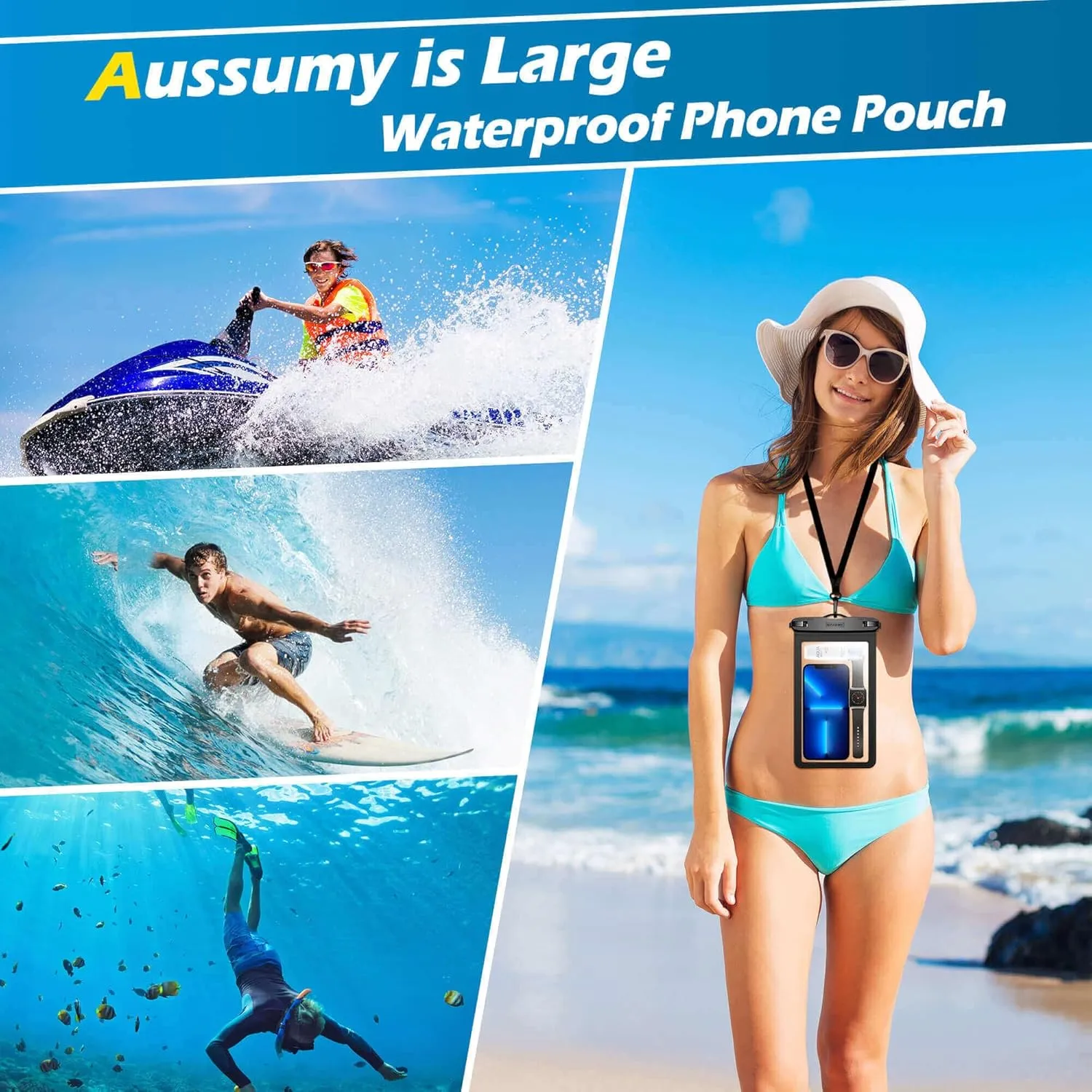 4 Pack 10.5 Large Waterproof Phone Pouch - Underwater Clear Cell Holder - Universal Water Proof Dry Bag with Neck Lanyard for iPhone 16 Pro Max Samsung Galaxy with Heavy Case for Beach Swimming Pool