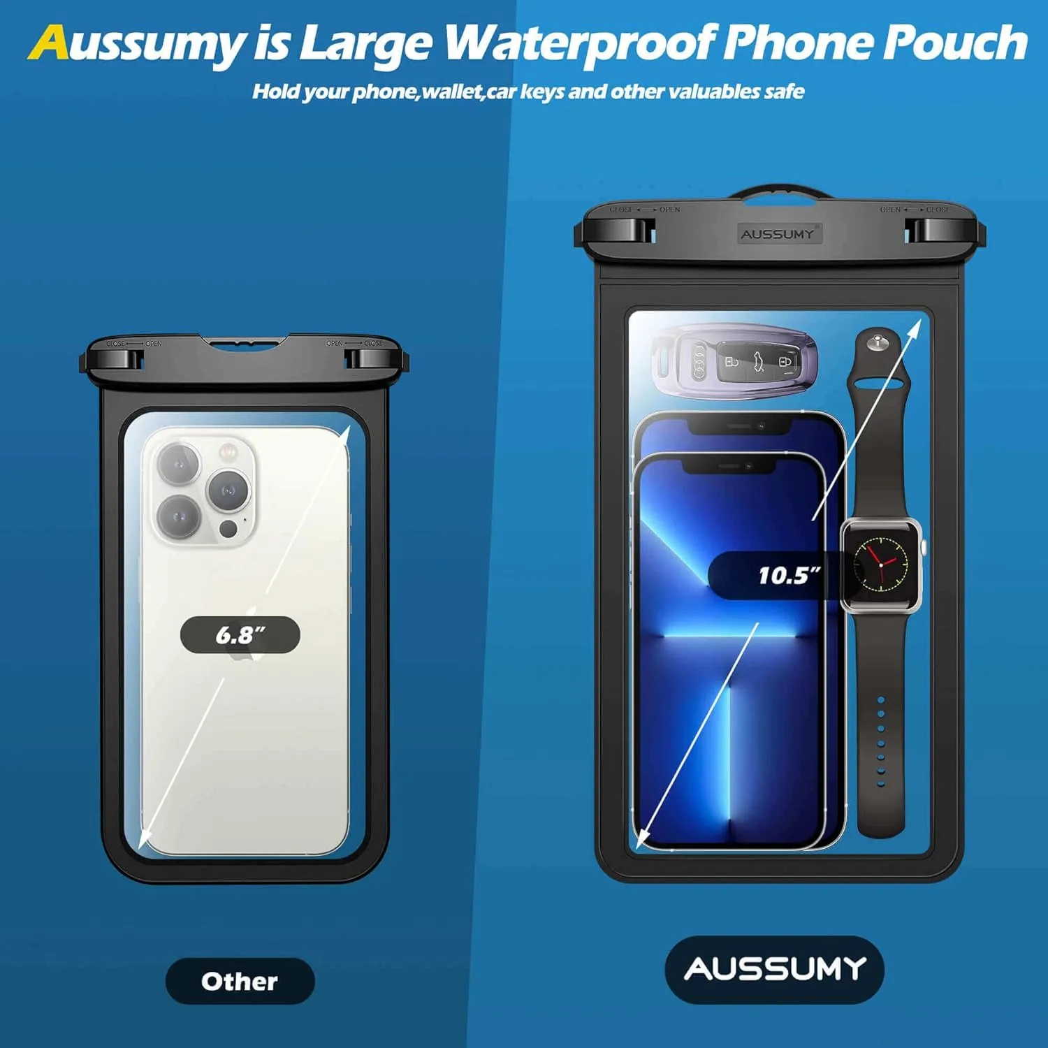 4 Pack 10.5 Large Waterproof Phone Pouch - Underwater Clear Cell Holder - Universal Water Proof Dry Bag with Neck Lanyard for iPhone 16 Pro Max Samsung Galaxy with Heavy Case for Beach Swimming Pool