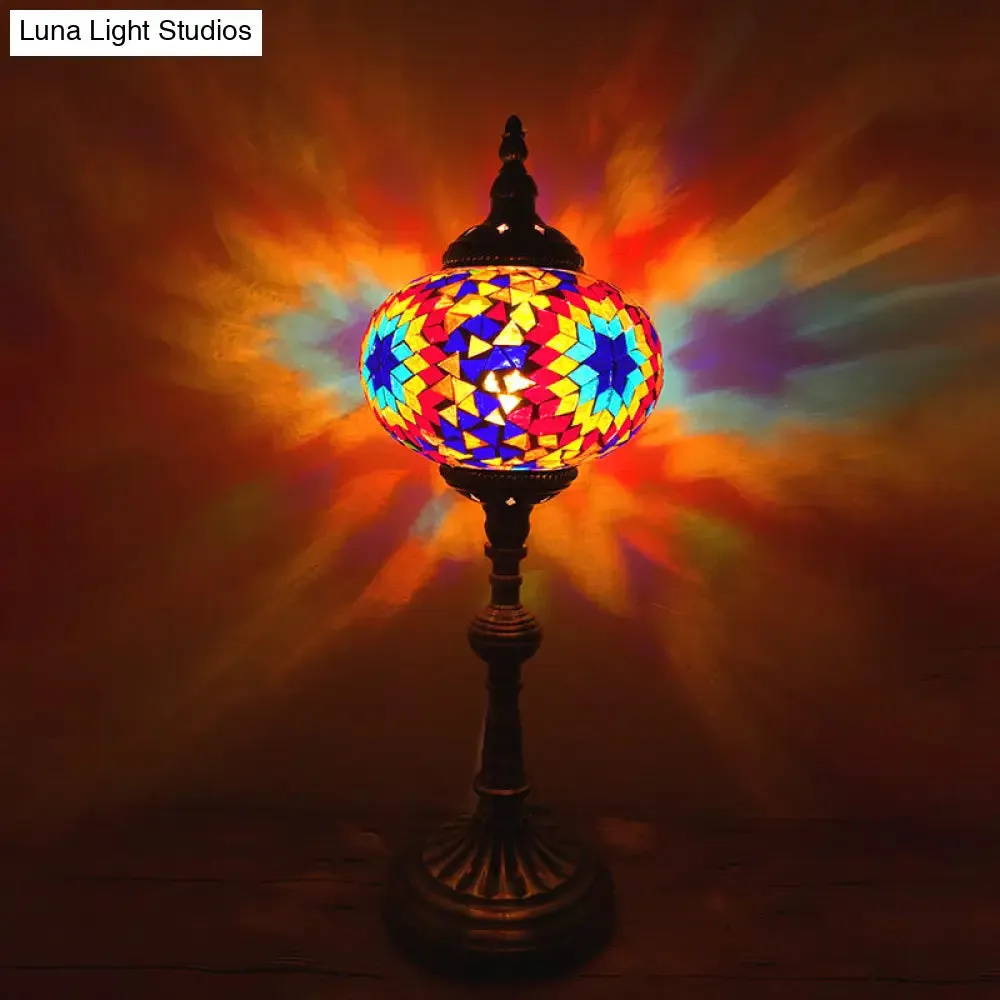 Antique Stained Glass Night Table Light with Elliptical Design – Perfect for Bedroom Desk – White/Red/Blue Options