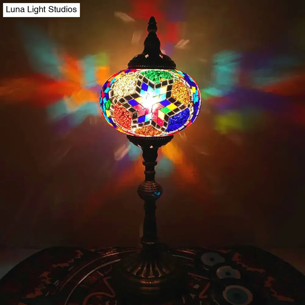 Antique Stained Glass Night Table Light with Elliptical Design – Perfect for Bedroom Desk – White/Red/Blue Options