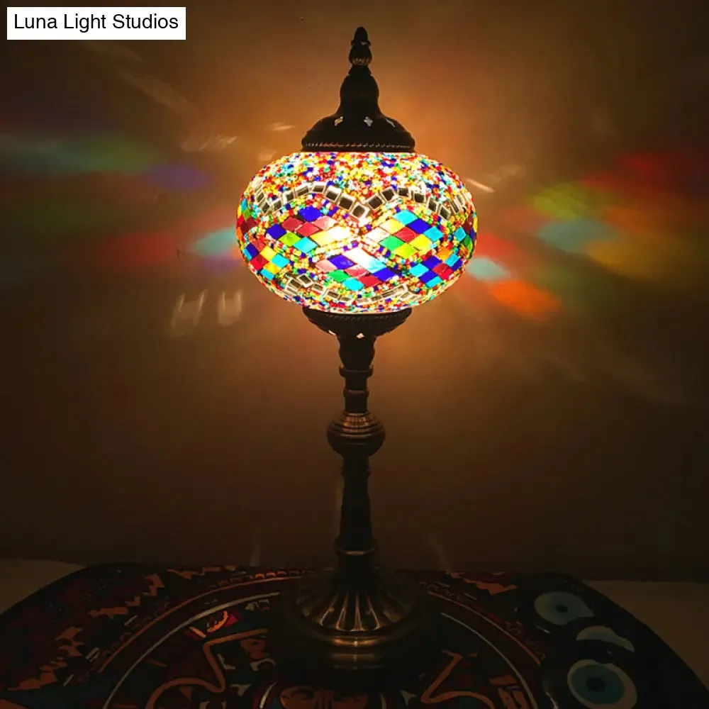 Antique Stained Glass Night Table Light with Elliptical Design – Perfect for Bedroom Desk – White/Red/Blue Options