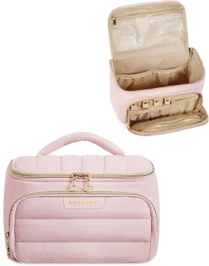 BAGSMART Travel Makeup Bag with Jewelry Organizer, Portable Make Up Bag, Puffy Wide-Opening Cosmetic Storage Pouch for Womens Toiletries and Travel Essentials (Baby Pink)