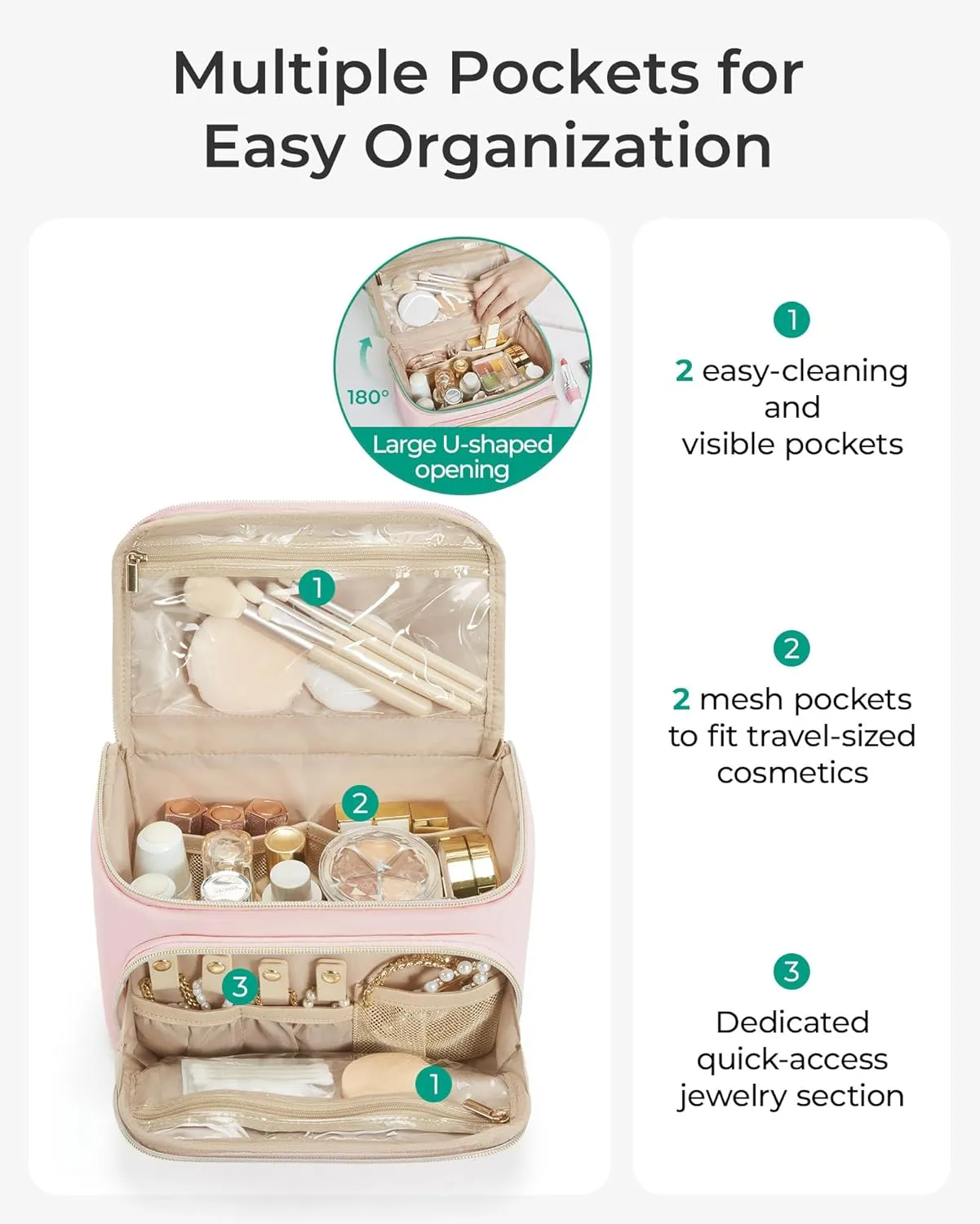 BAGSMART Travel Makeup Bag with Jewelry Organizer, Portable Make Up Bag, Puffy Wide-Opening Cosmetic Storage Pouch for Womens Toiletries and Travel Essentials (Baby Pink)