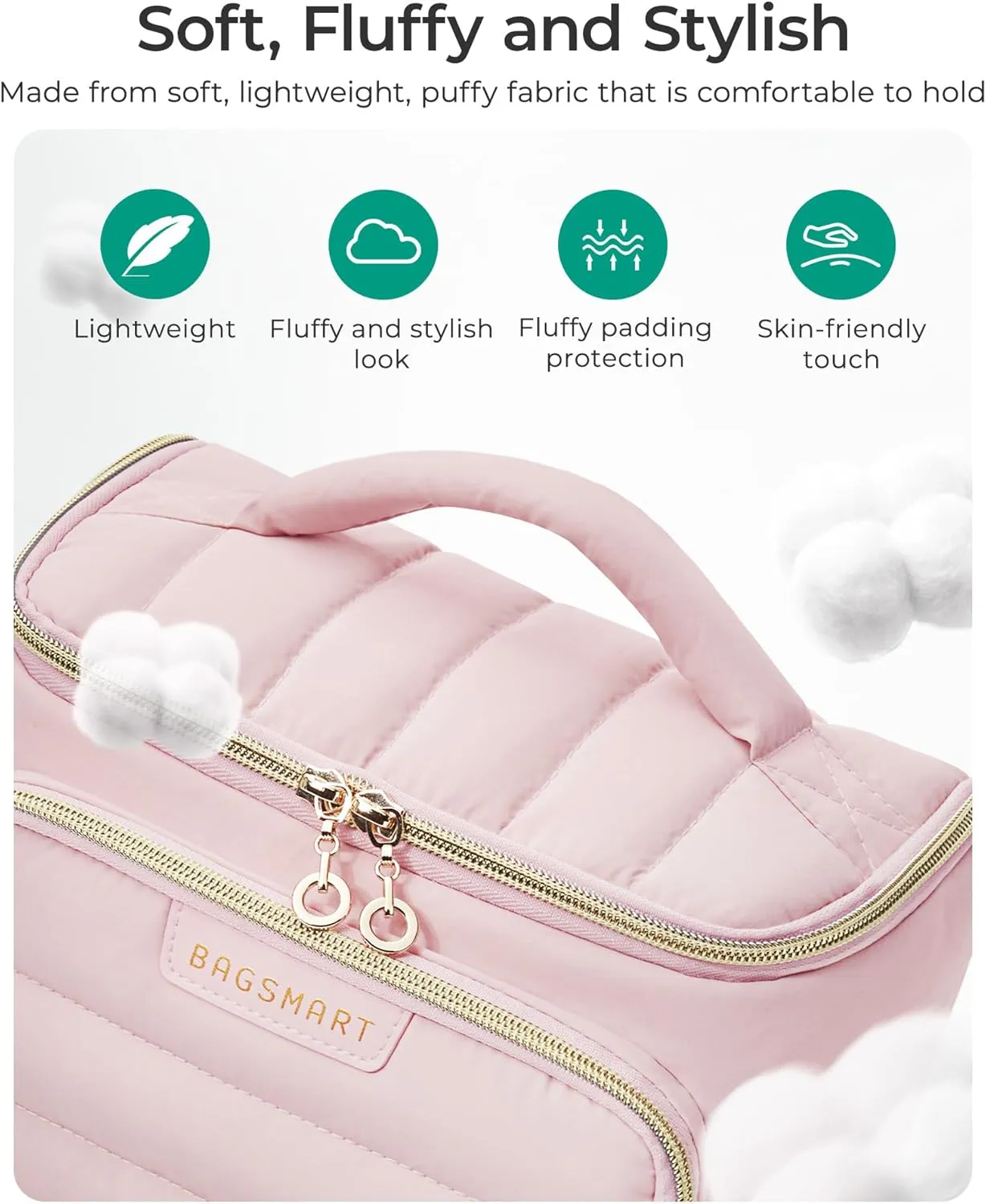 BAGSMART Travel Makeup Bag with Jewelry Organizer, Portable Make Up Bag, Puffy Wide-Opening Cosmetic Storage Pouch for Womens Toiletries and Travel Essentials (Baby Pink)