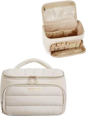 BAGSMART Travel Makeup Bag with Jewelry Organizer, Portable Make Up Bag, Puffy Wide-Opening Cosmetic Storage Pouch for Womens Toiletries and Travel Essentials (Light Beige)