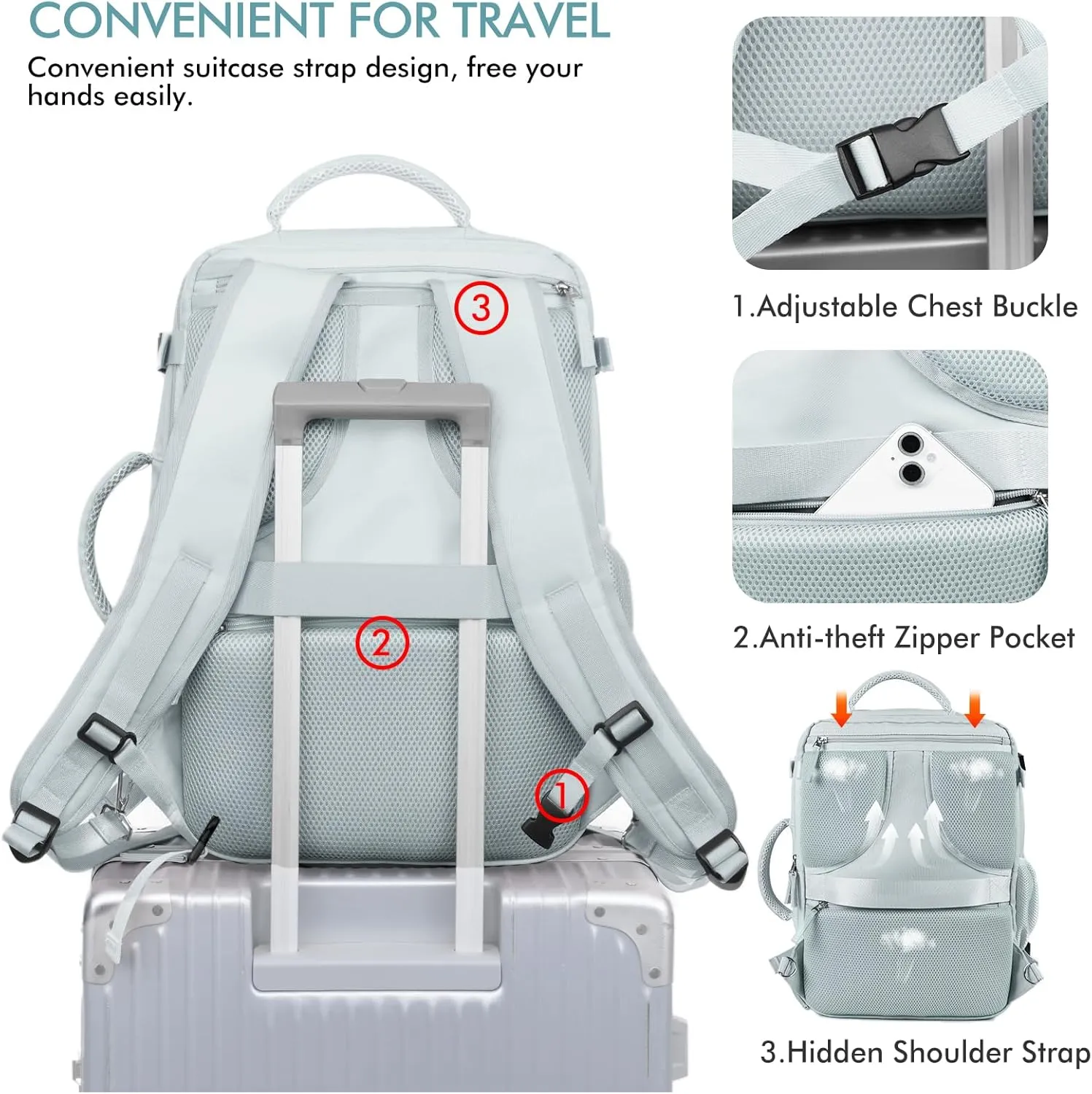 Beraliy Large Travel Backpack Women, Airline Approved Backpack, Carry On luggage, 17 inch Laptop Backpack, Waterproof Business Hiking Bag, Light-blue