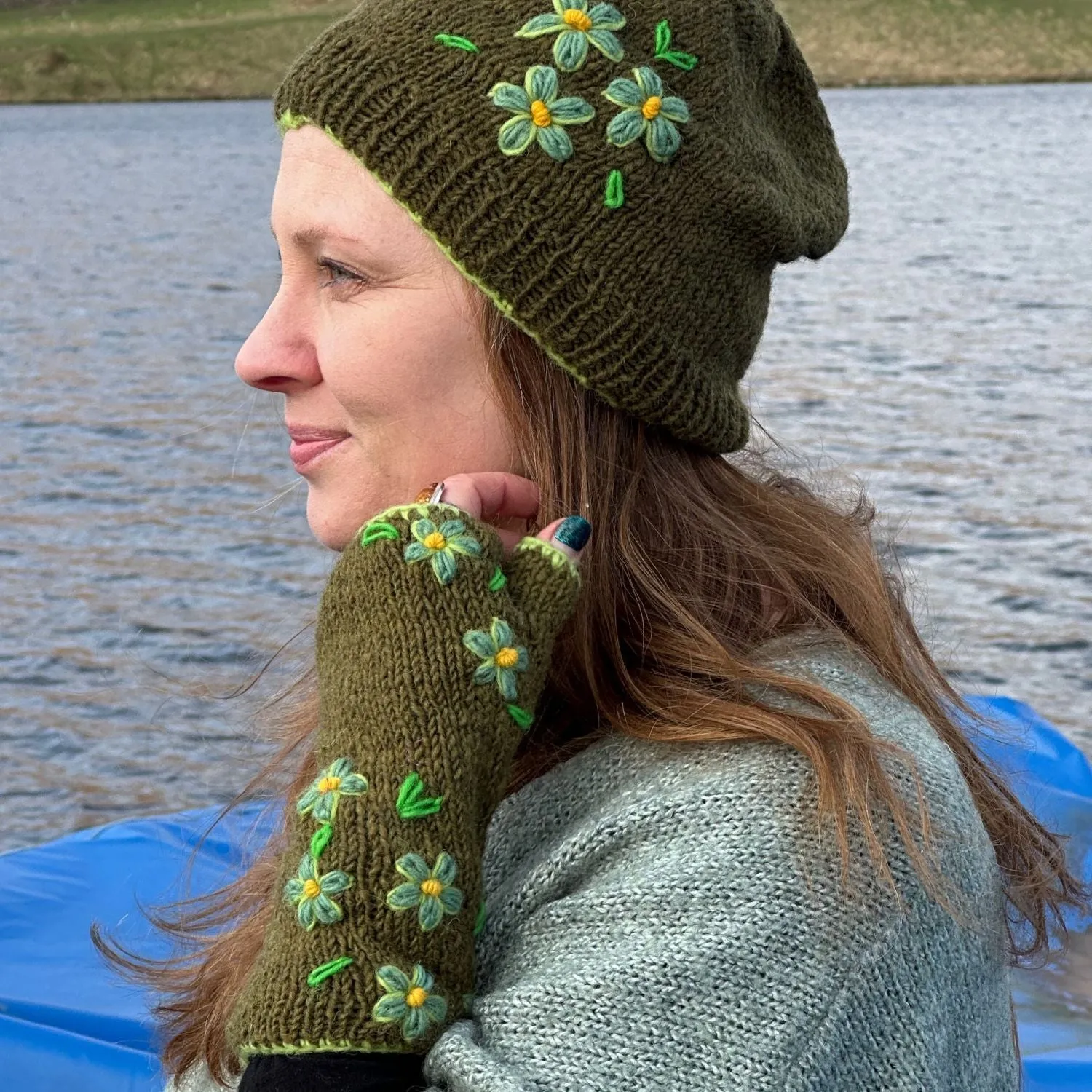 blossom embroidered wrist warmers