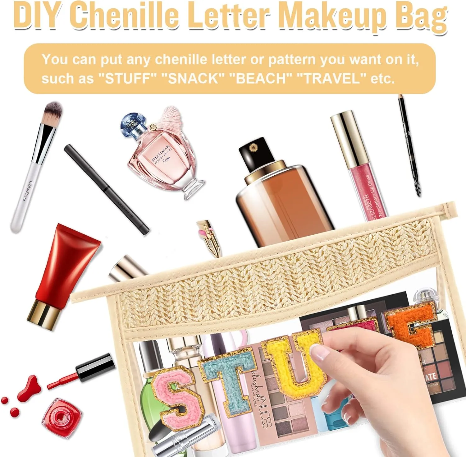 Boho Clear Makeup Bag Cosmetic Zipper Pouch Purse, Clear Toiletry Bags Travel Small Preppy Cute DIY Chenille Letter Bag, Transparent PVC Waterproof Clutch Make Up Organizer Storage Bag for Women Girls