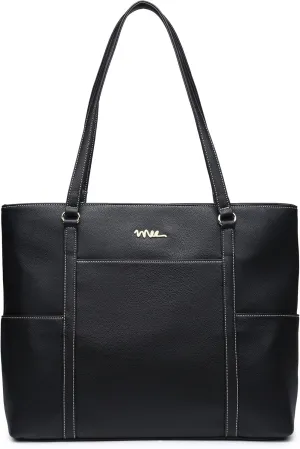 Classic Laptop Leather Tote Bag for 15 15.6 inch Notebook Computers Travel Carrying Bag with Smart Trolley Strap Design - Black