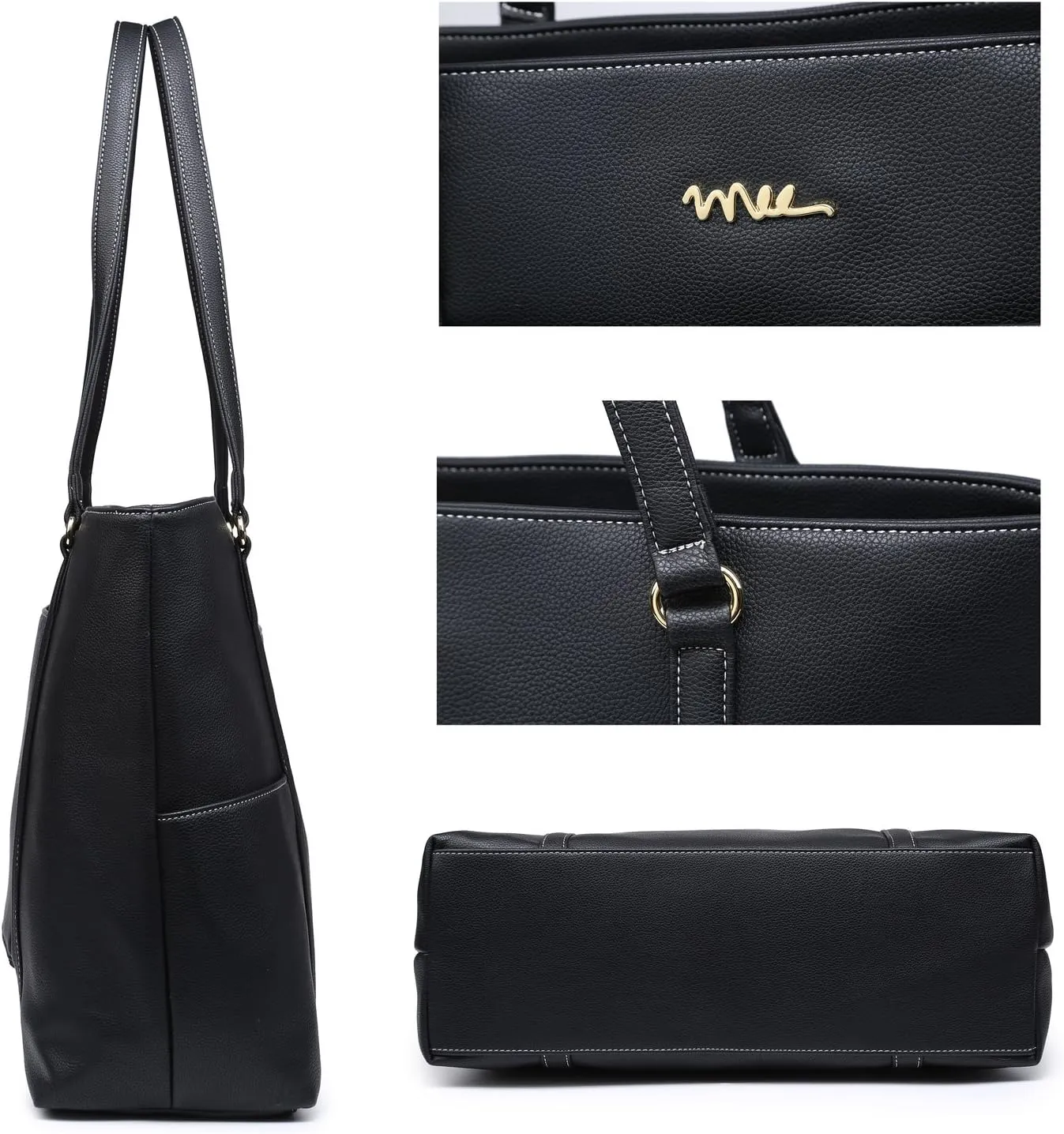 Classic Laptop Leather Tote Bag for 15 15.6 inch Notebook Computers Travel Carrying Bag with Smart Trolley Strap Design - Black
