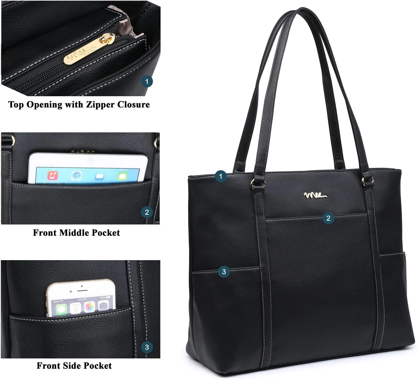 Classic Laptop Leather Tote Bag for 15 15.6 inch Notebook Computers Travel Carrying Bag with Smart Trolley Strap Design - Black