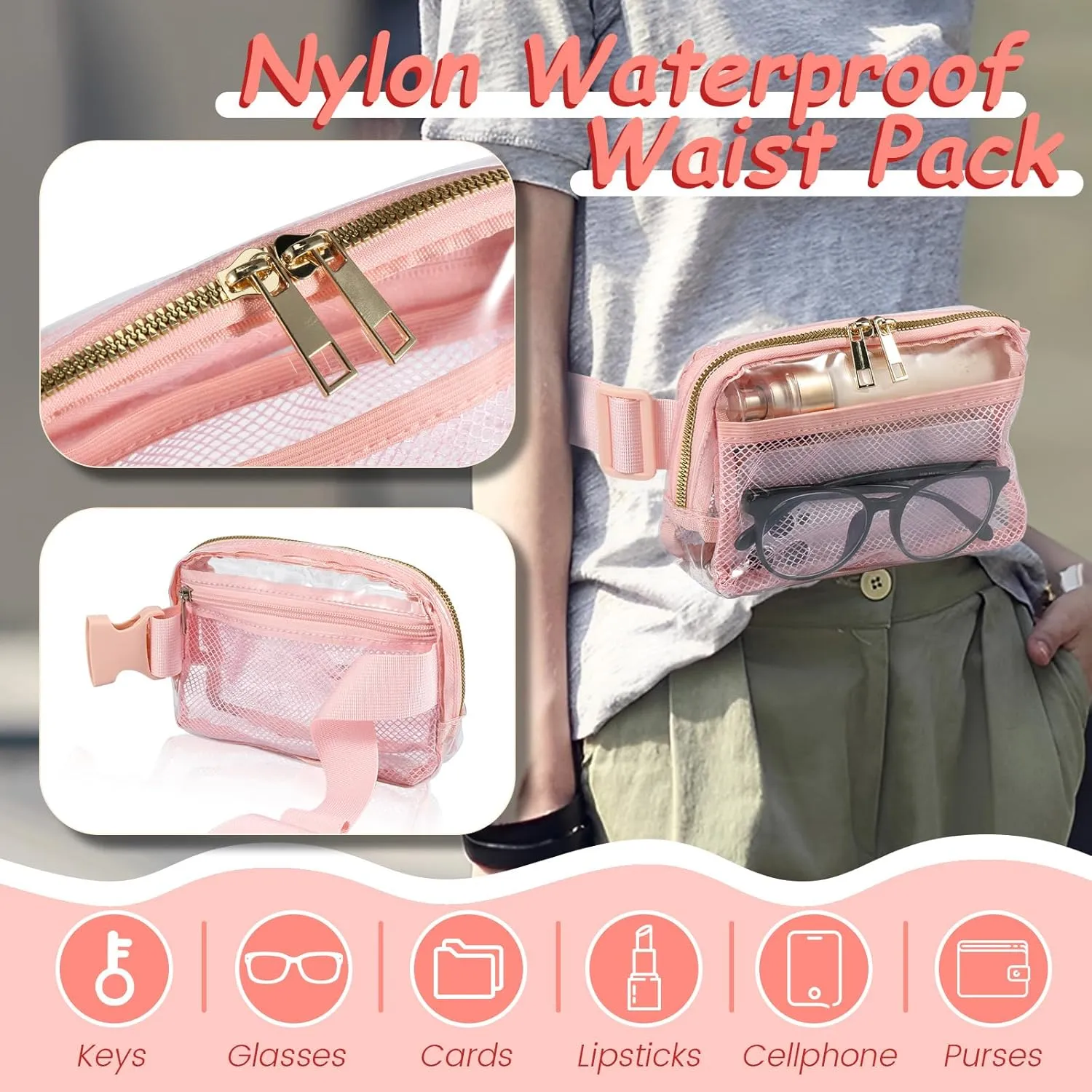 Clear Fanny Pack Waterproof Clear Belt Bag Large Capacity Waist Bag Pouch Fashion Women Transparent Crossbody Bag Unisex Strap Bag for Sports Concerts Music Festivals Travel, Pink, Clear Fanny Pack