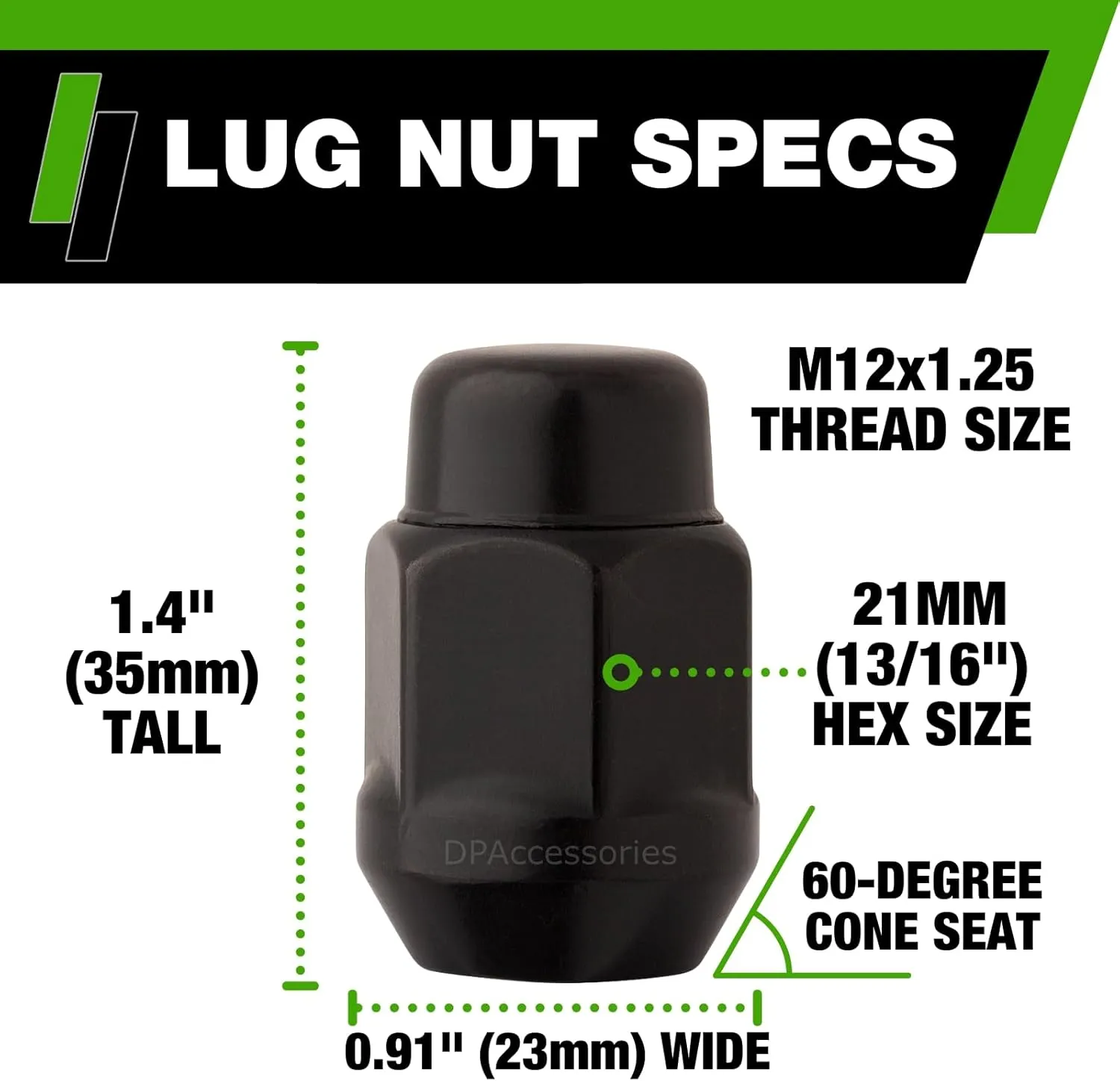 DPAccessories Black M12x1.25 Lug Nuts - Closed End Bulge Acorn - 21mm (13/16") Hex - 1.4" Tall - Set of 24 - LCB3C5HE2BK04024