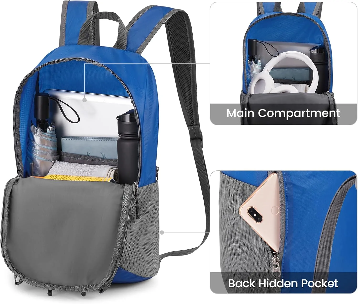 G4Free 24L Packable Hiking Backpack Lightweight Foldable Small Sport Travel Daypack Water Resistant for Women MenBlue