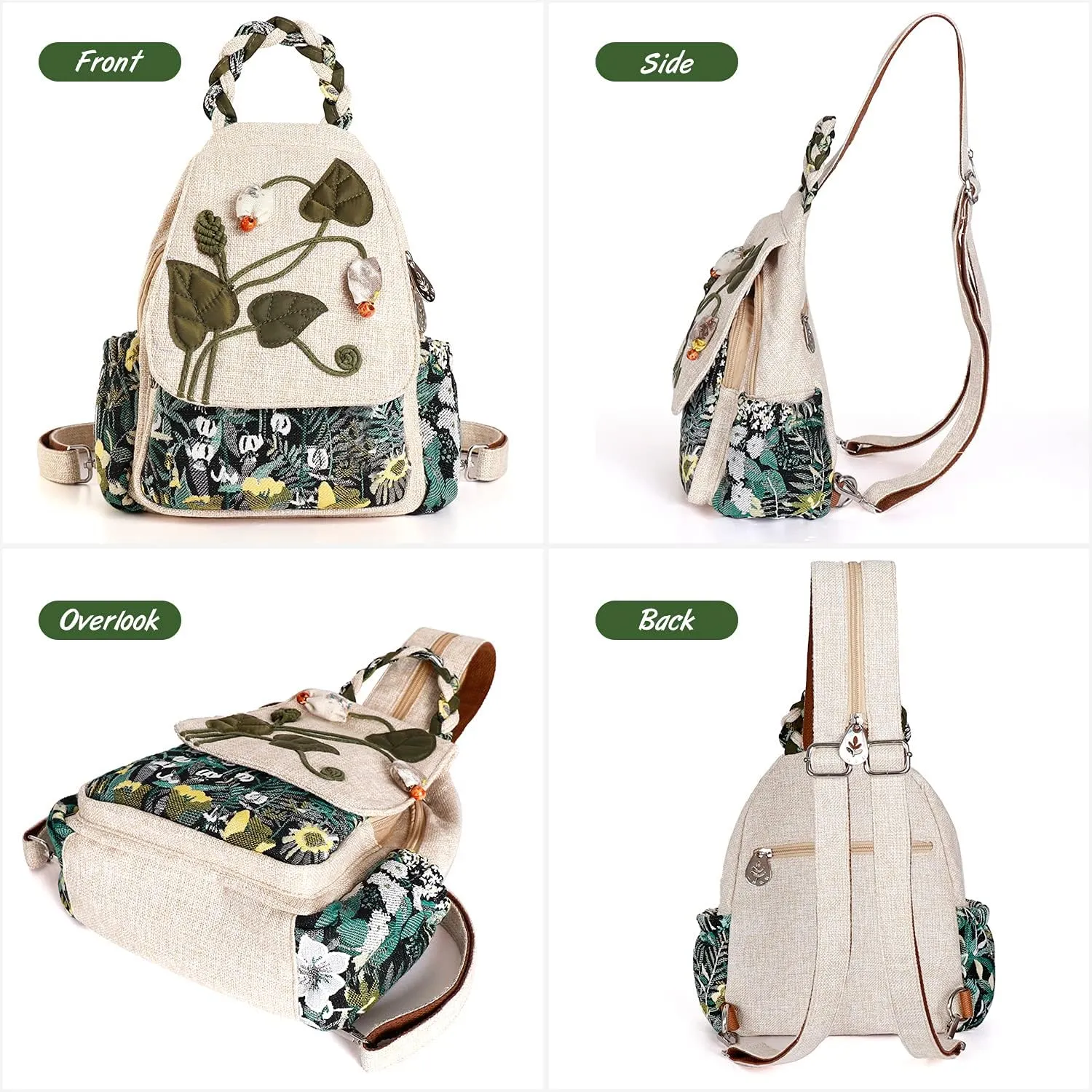 Girl's Convertible Sling Bag, Hand Craft Artisan Purse, Beautiful Canvas Premium Casual Day Mini Backpack for Women (Green Marsh)