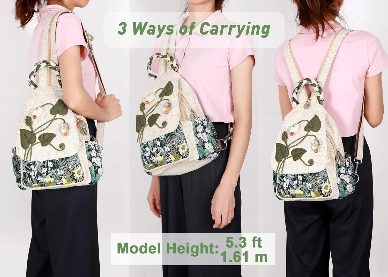 Girl's Convertible Sling Bag, Hand Craft Artisan Purse, Beautiful Canvas Premium Casual Day Mini Backpack for Women (Green Marsh)