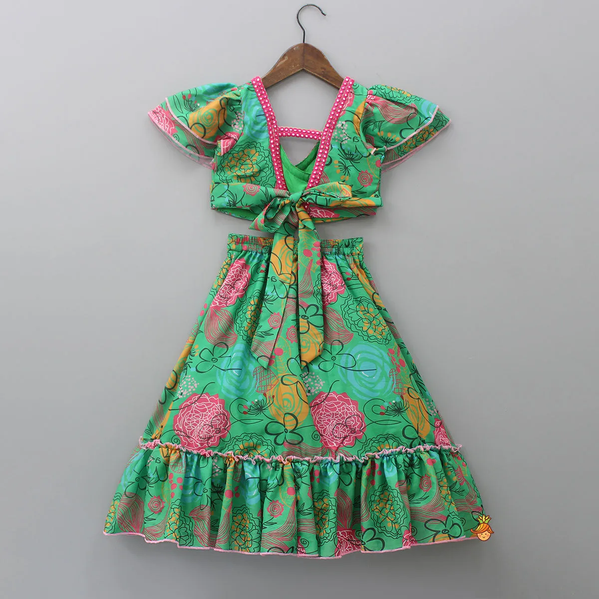 Green Printed Faux Mirror Work Top and Lehenga
