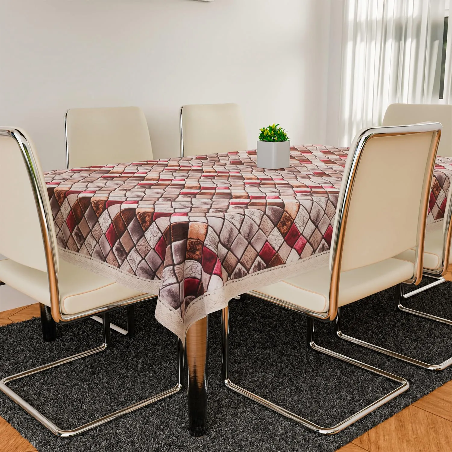 Kuber Industries Dining Table Cover | Digital Check Print Dining Table Cover | Jute Fabric with Cotton Lace Table Cover | Table Cover for Home Décor | 60x90 | Brown