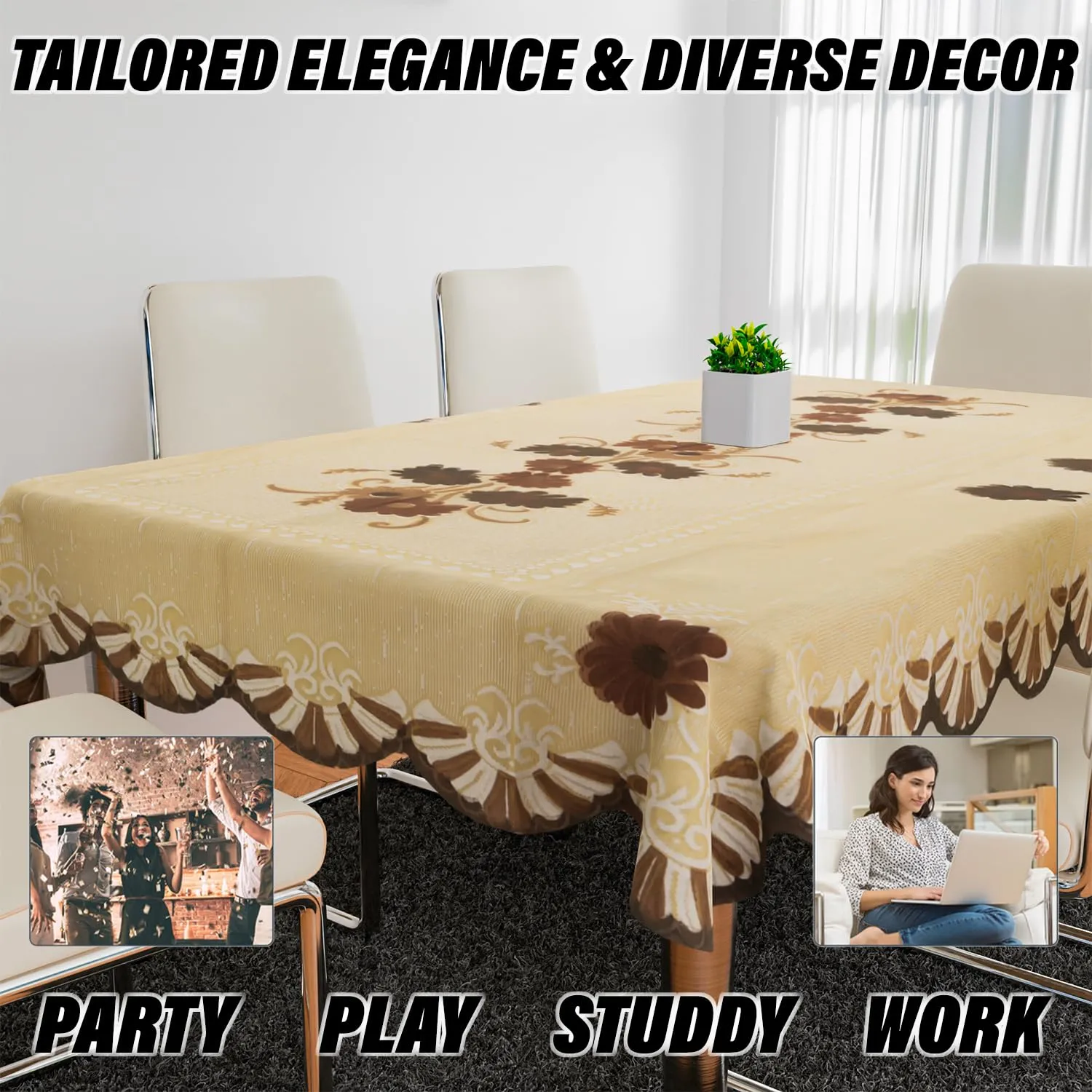 Kuber Industries Dining Table Cover | Flower Design Dining Table Cover | Shinning Net Dining Table Cover | Tablecloth for Dining Area | Home Decor | 60x90 | Cream