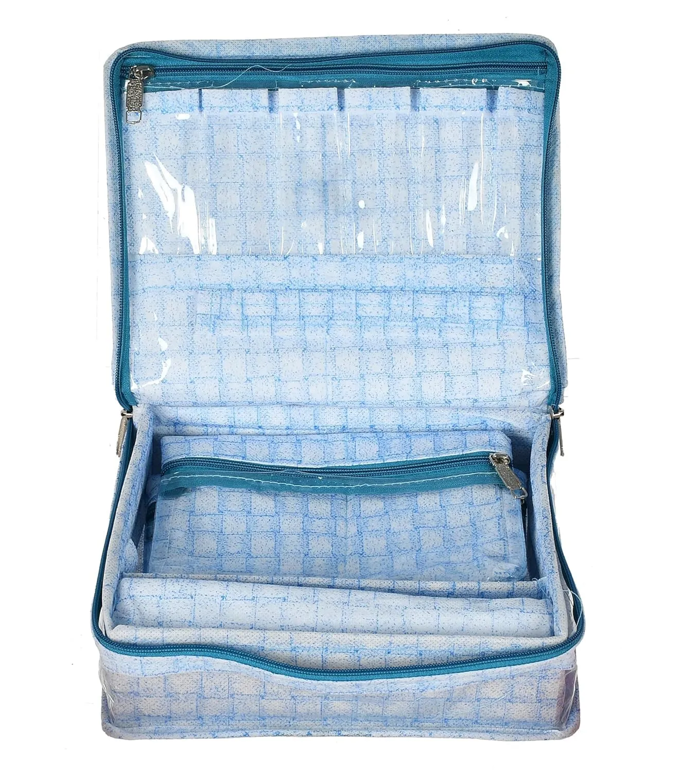 Kuber Industries Jewellery Kit | Check Design Vanity Box for woman | Laminated Jewellery Kit with Support | Jewellery Kit with 5 Pouch & Bangle Roll | Blue