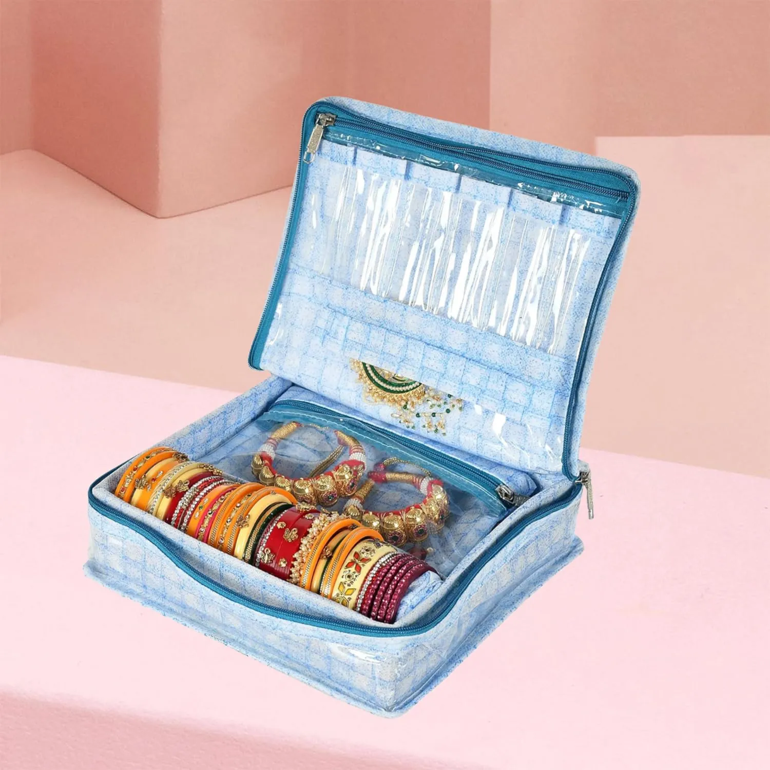 Kuber Industries Jewellery Kit | Check Design Vanity Box for woman | Laminated Jewellery Kit with Support | Jewellery Kit with 5 Pouch & Bangle Roll | Blue