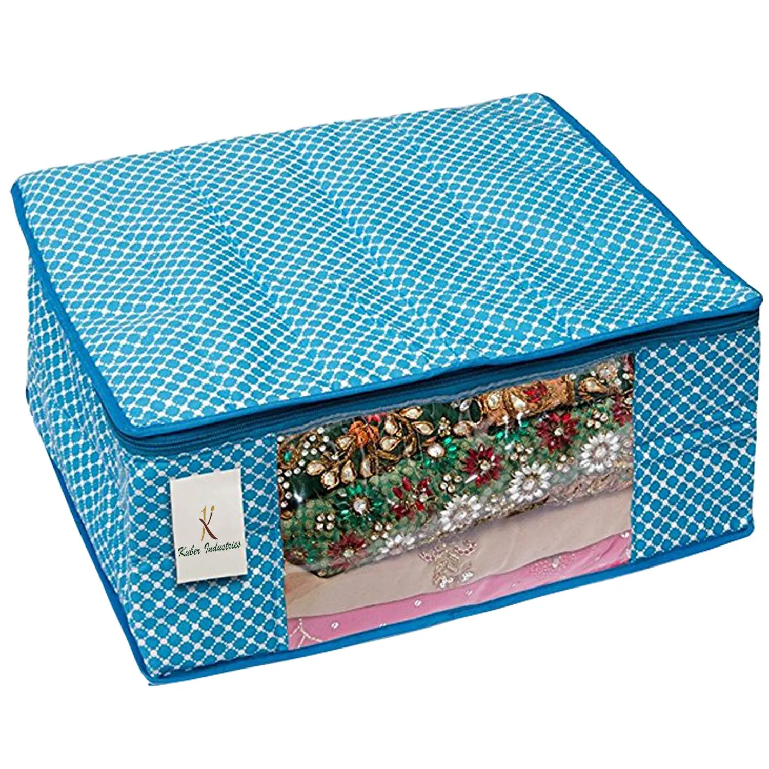 Kuber Industries Polka Dots 3 Piece Hathkadi Print Cotton Saree Cover, Blue