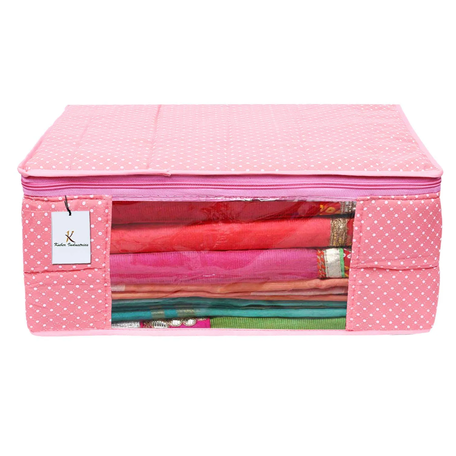 Kuber Industries Polka Dots 3 Pieces Cotton 3 Layered Quilted Saree Cover (Brown & Peach & Blue) - CTKTC031158