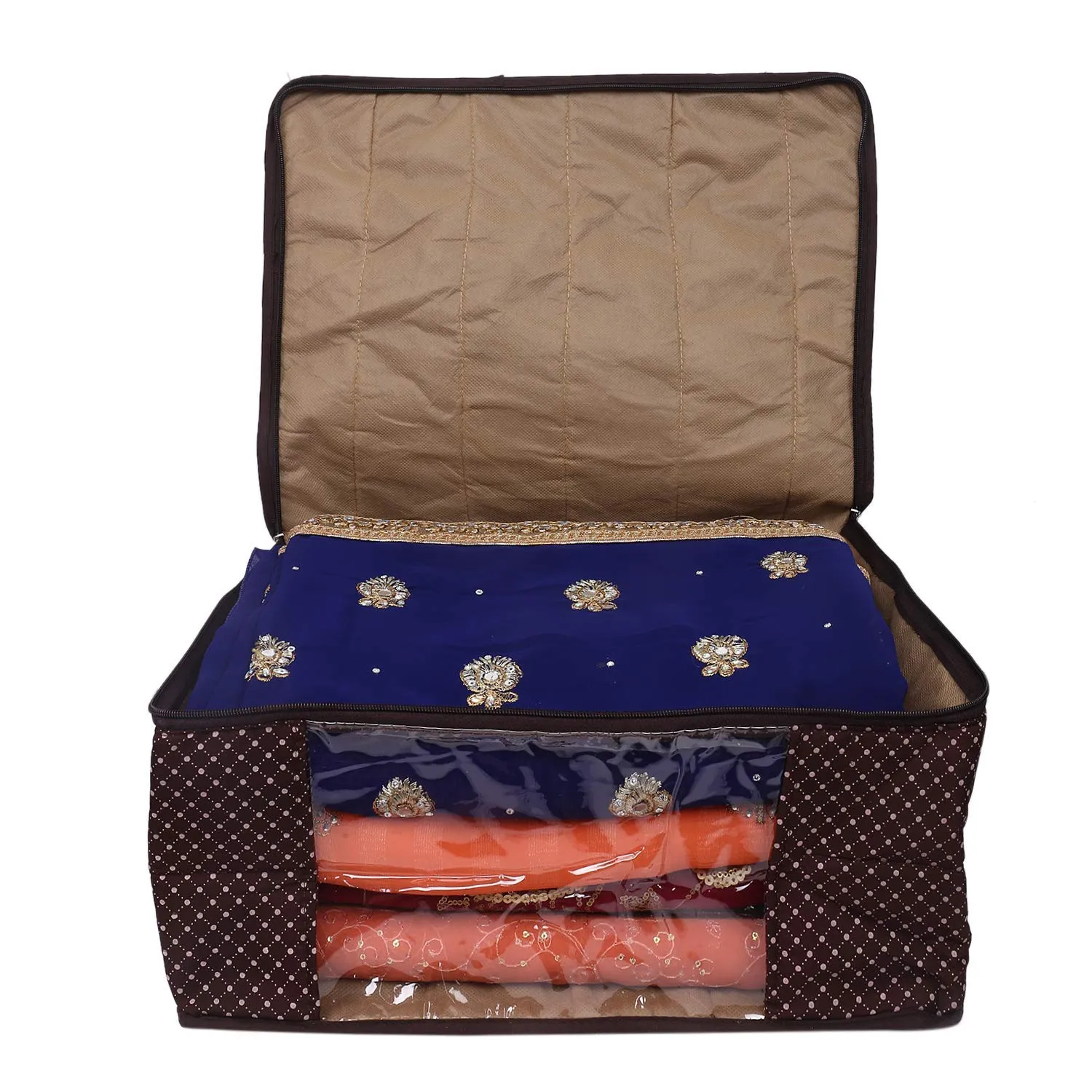 Kuber Industries Polka Dots 3 Pieces Cotton 3 Layered Quilted Saree Cover (Brown & Peach & Blue) - CTKTC031158