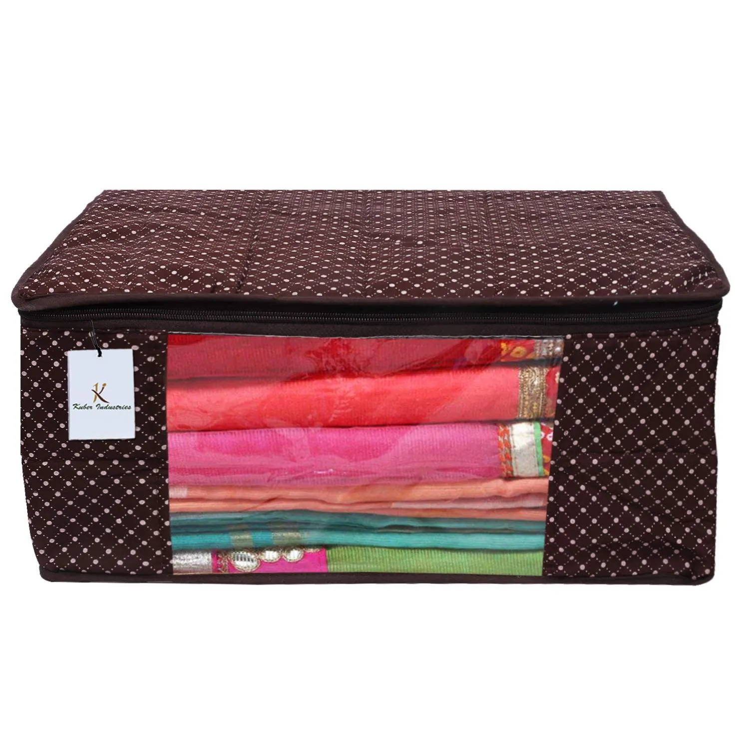 Kuber Industries Polka Dots 3 Pieces Cotton 3 Layered Quilted Saree Cover (Brown & Peach & Blue) - CTKTC031158
