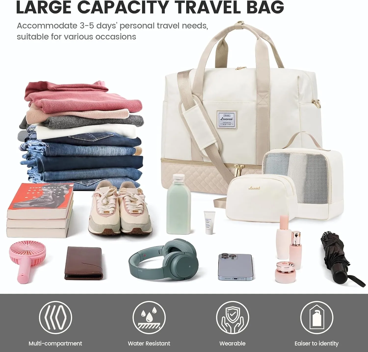 LOVEVOOK Travel Duffel Bag, 21inch Weekender Bags for Women with Shoe Compartment45L Carry on Overnight Bag with Toiletry Bag, Gym Duffel Bag with Wet Pocket, Hospital Bags for Labor and Deliver