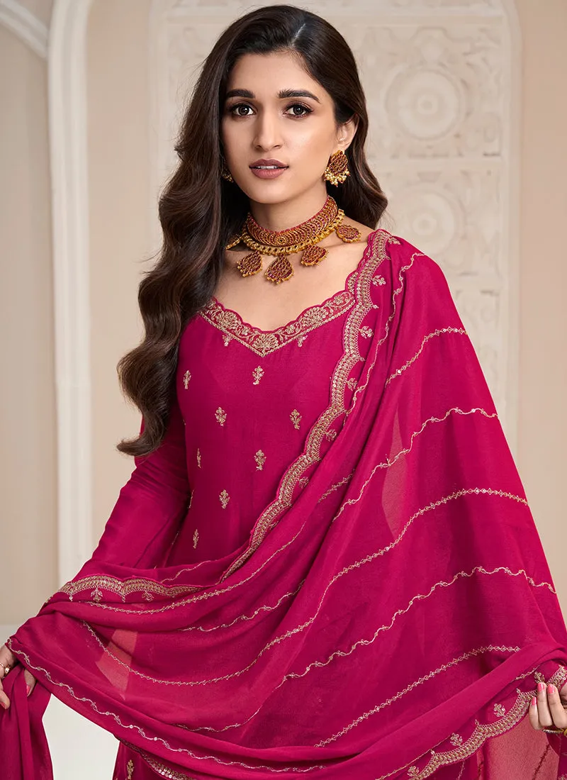 Magenta Traditional Embroidered Festive Palazzo Suit