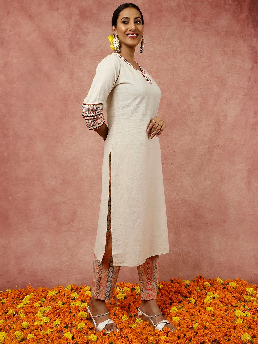 Mirror Embroidered Beige Straight Kurta With Geometric Printed Pants
