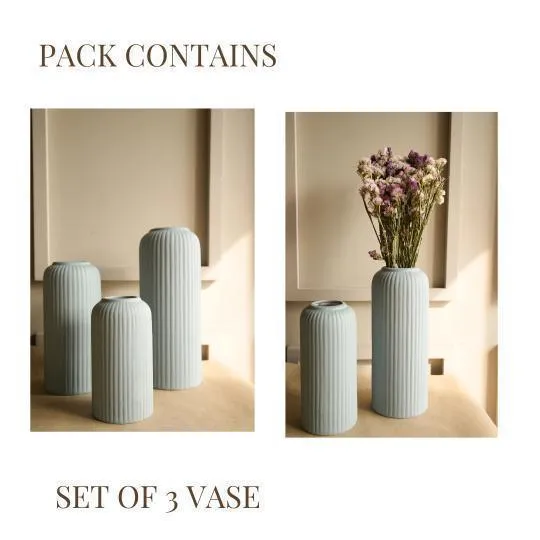 Modern Ribbed Vase Set of 3 | Aesthetic Ceramic Flower Vases