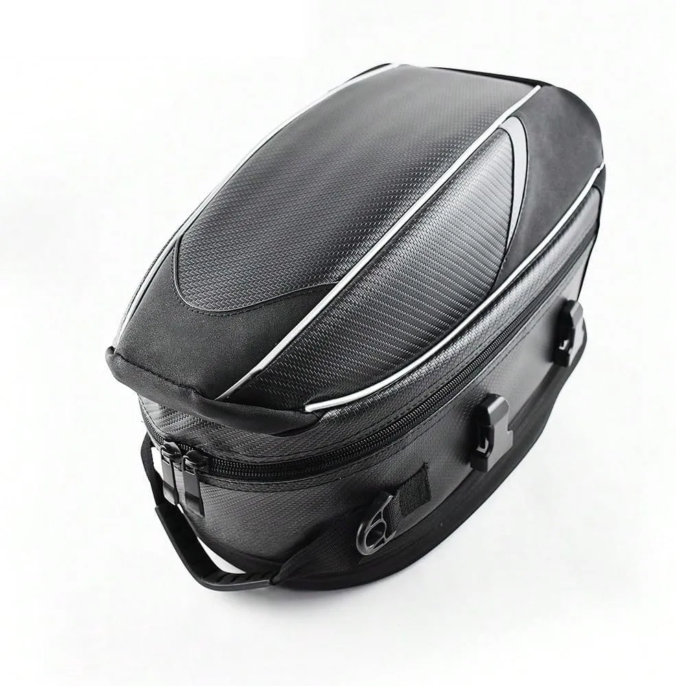 Motorcycle Tail Bag for Suzuki DR Z 50 2012-2024, Large Capacity Water-Resistant Wear-Resistant Motorcycle Helmet Bag, Expandable Rear Seat Storage Luggage Backpack,B White Black