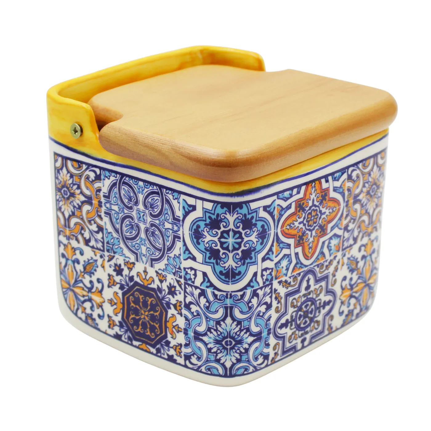 Portuguese Azulejo Ceramic Salt Holder with Wooden Lid, Yellow