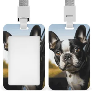 Puppy Dog Boston Terrier ID Card Holder Durable Hard Plastic Card Case Protector Pouch with Removable Lanyard Key Work Badge Clip for Offices, Factories, Hospitals