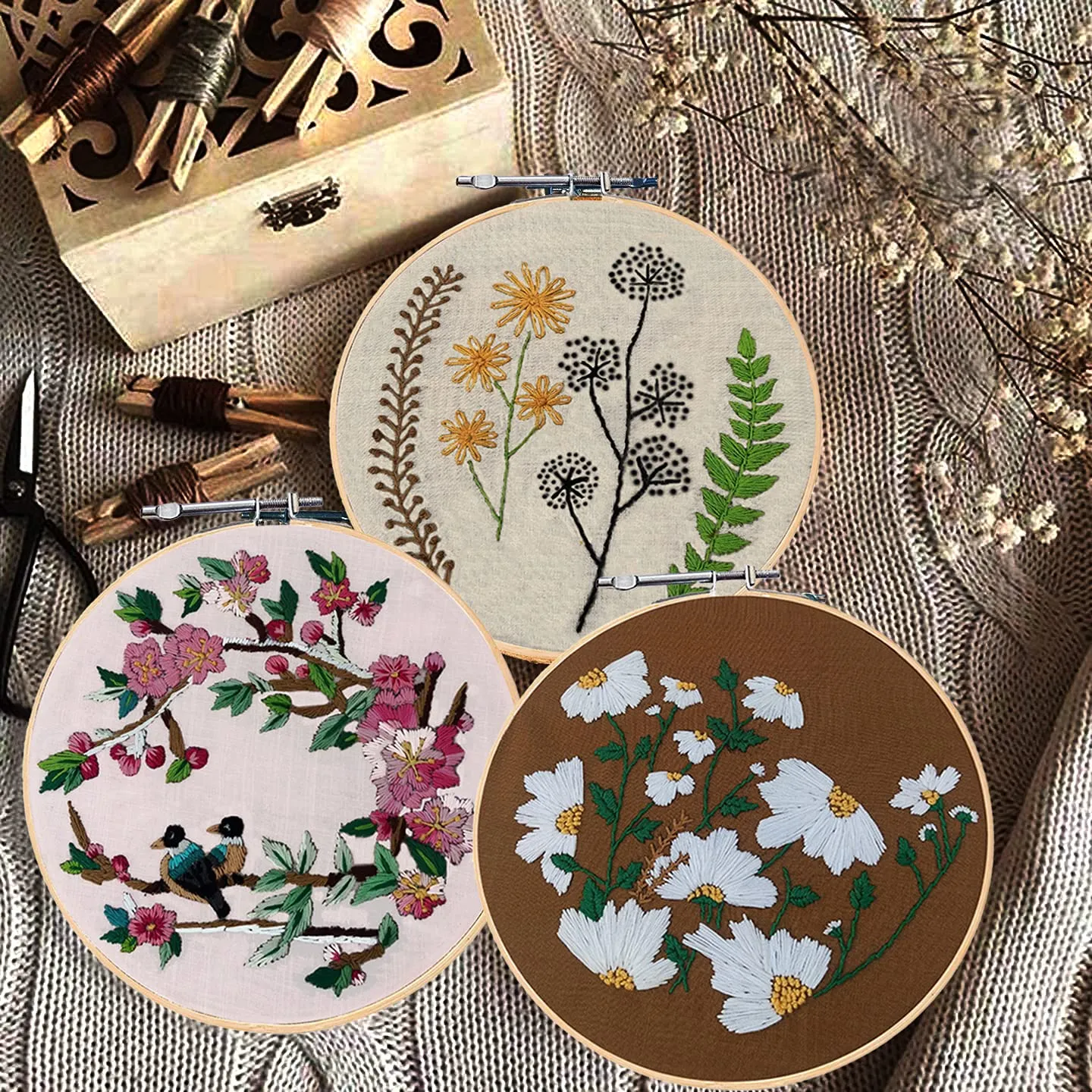 Qroof Embroidery Kit - Diy Set Of 8, Beginners To Advanced - 3 Pattern Designs, 8 Stitches - Ideal For Kids, Adults, Women - Cross Stitch Kit - Wood - Perfect For Beginners, Multi-coloured