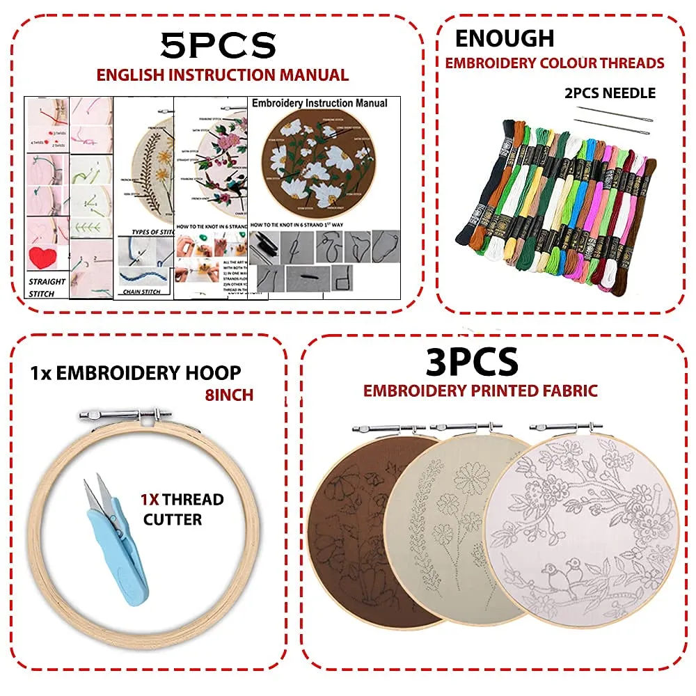 Qroof Embroidery Kit - Diy Set Of 8, Beginners To Advanced - 3 Pattern Designs, 8 Stitches - Ideal For Kids, Adults, Women - Cross Stitch Kit - Wood - Perfect For Beginners, Multi-coloured