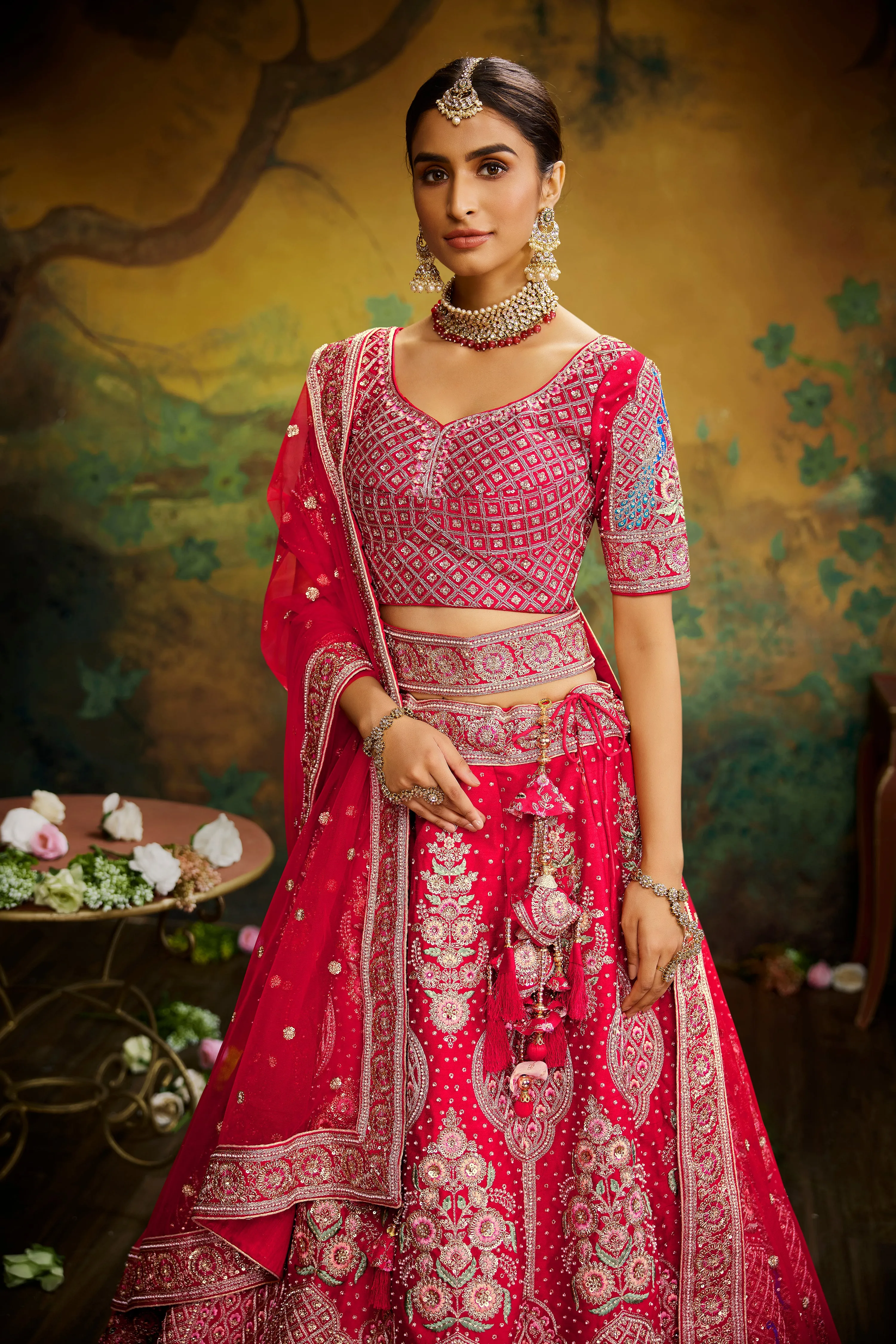 Red Pure Silk Moti & Zarkan heavy embroidery Semi-Stitched Lehenga choli & Dupatta
