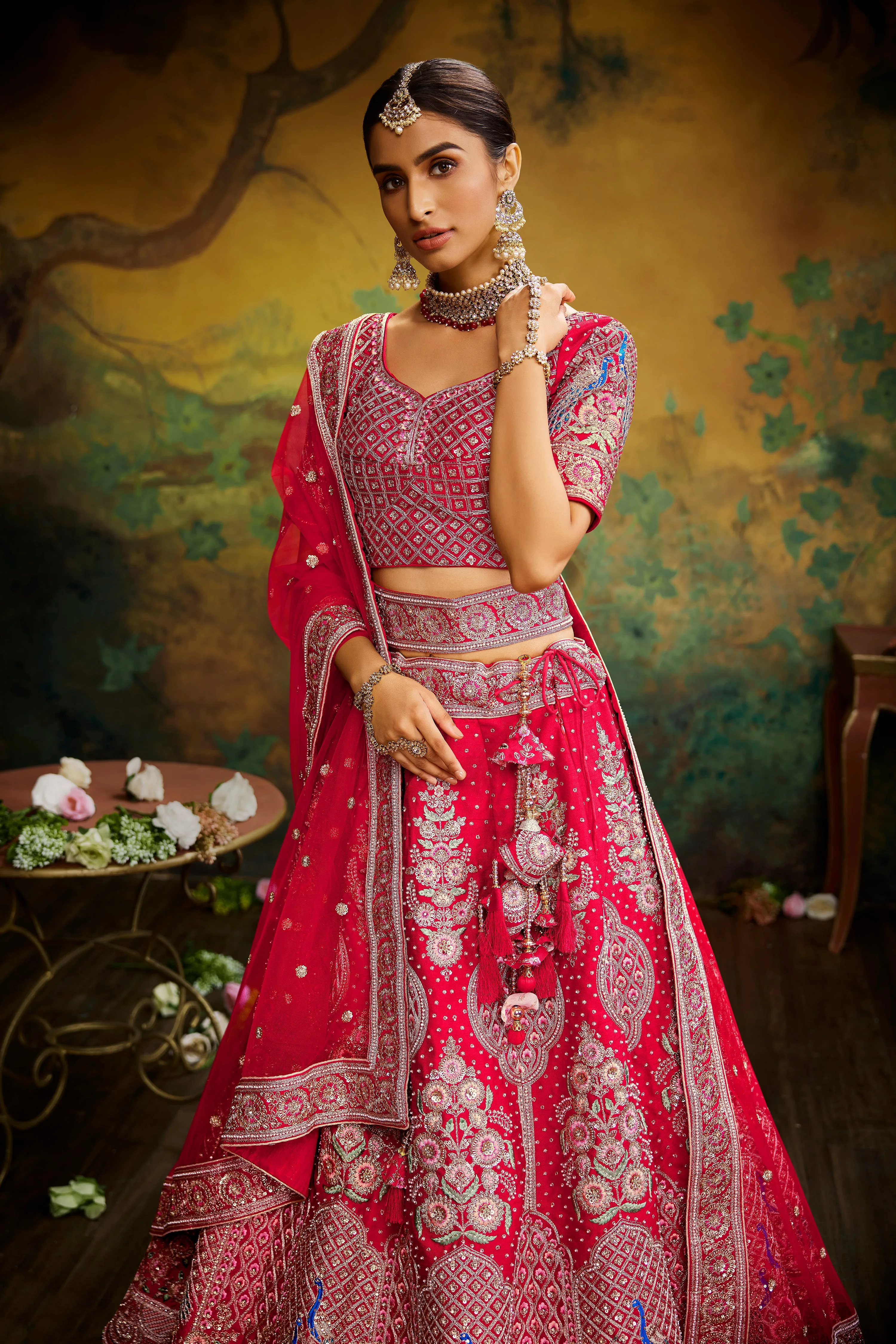 Red Pure Silk Moti & Zarkan heavy embroidery Semi-Stitched Lehenga choli & Dupatta