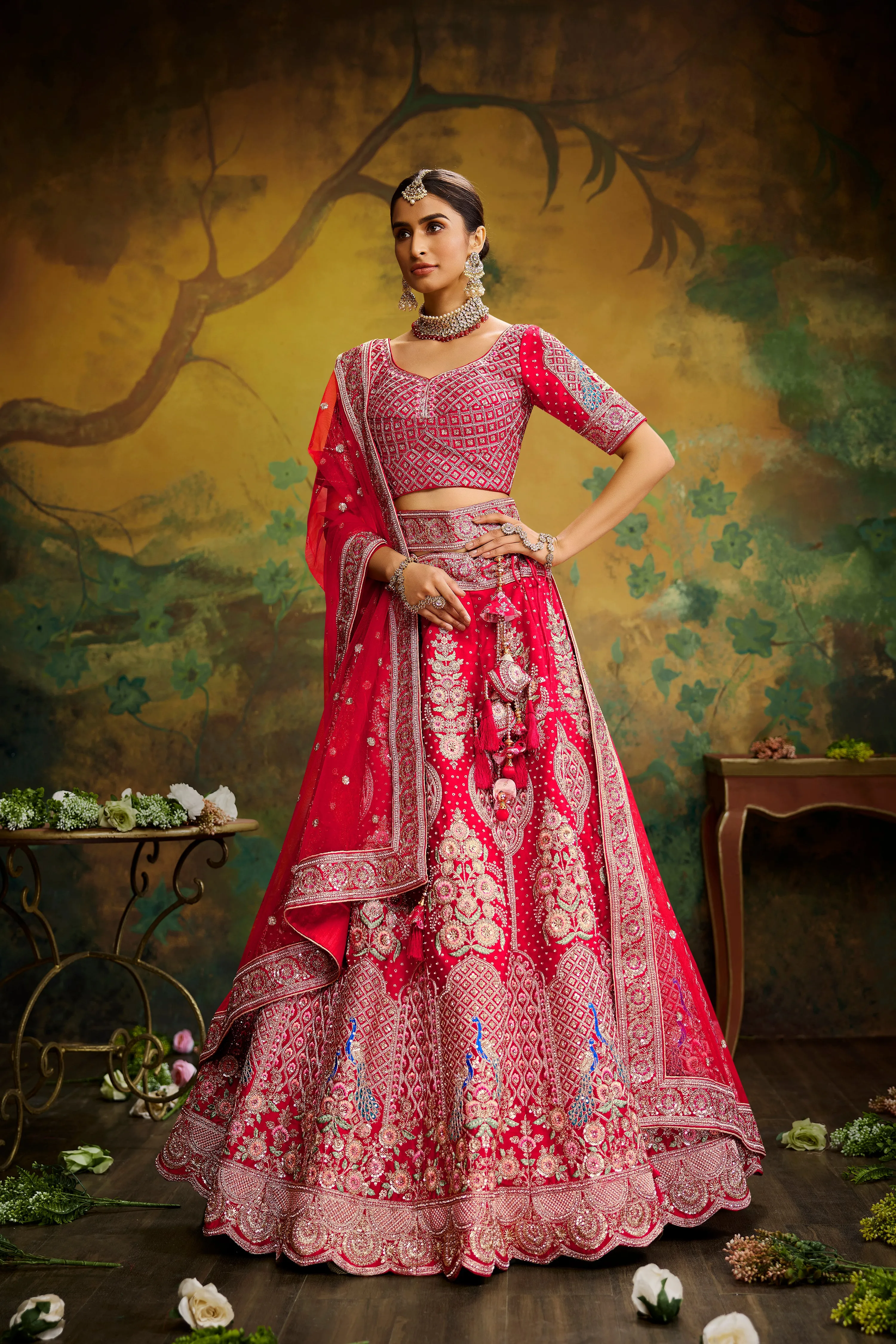 Red Pure Silk Moti & Zarkan heavy embroidery Semi-Stitched Lehenga choli & Dupatta