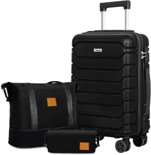 Romswi 20 Inch Carry On Luggage Sets,Lightweight PC ABS Hardshell Luggage with Spinner Wheels TSA Lock, Durable Suitcase Sets with Duffel Bag Travel Bag,3 Pcs,Black