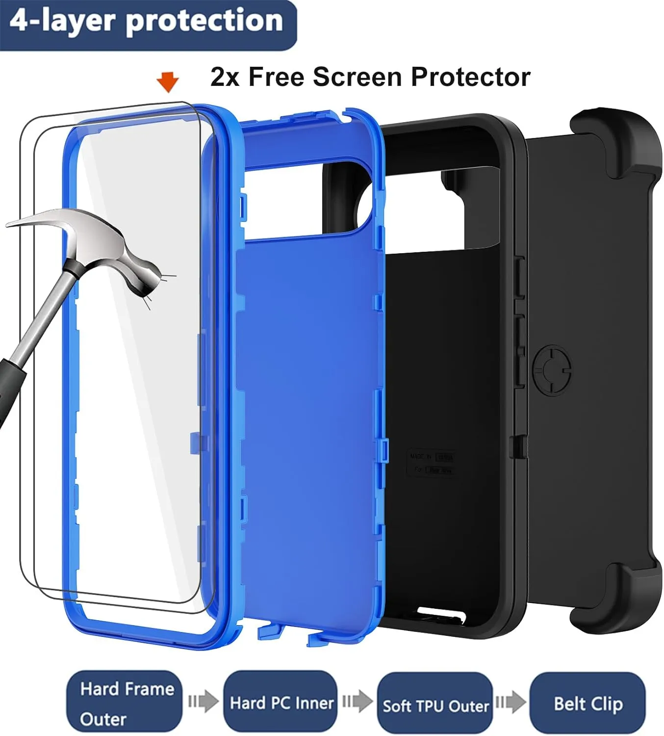 RubCase for Google Pixel 9 Pro XL Case with Belt Clip Holster, 2X Screen Protector, Heavy Duty Military Grade Full Body Shockproof Dust-Proof Rugged Protective Cover for Pixel 9 Pro XL