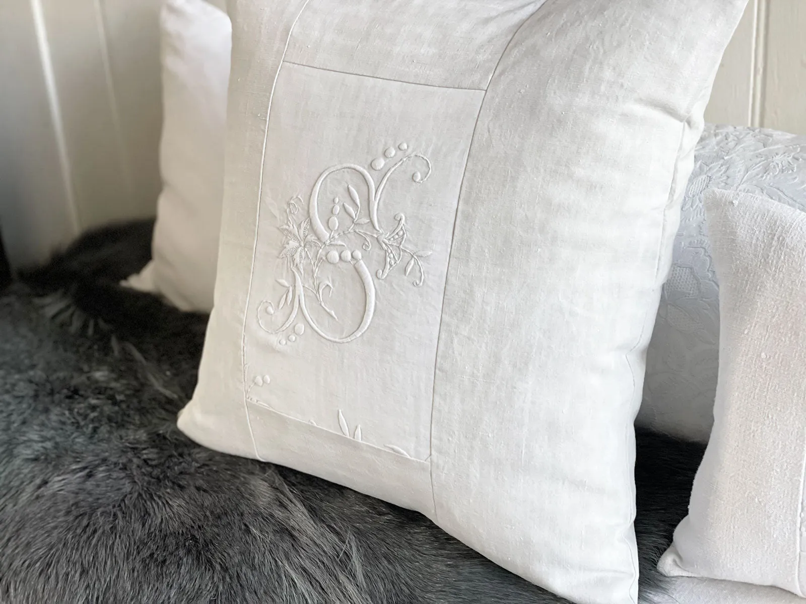 S - An Antique French Monogrammed 50cm 'S' Cushion