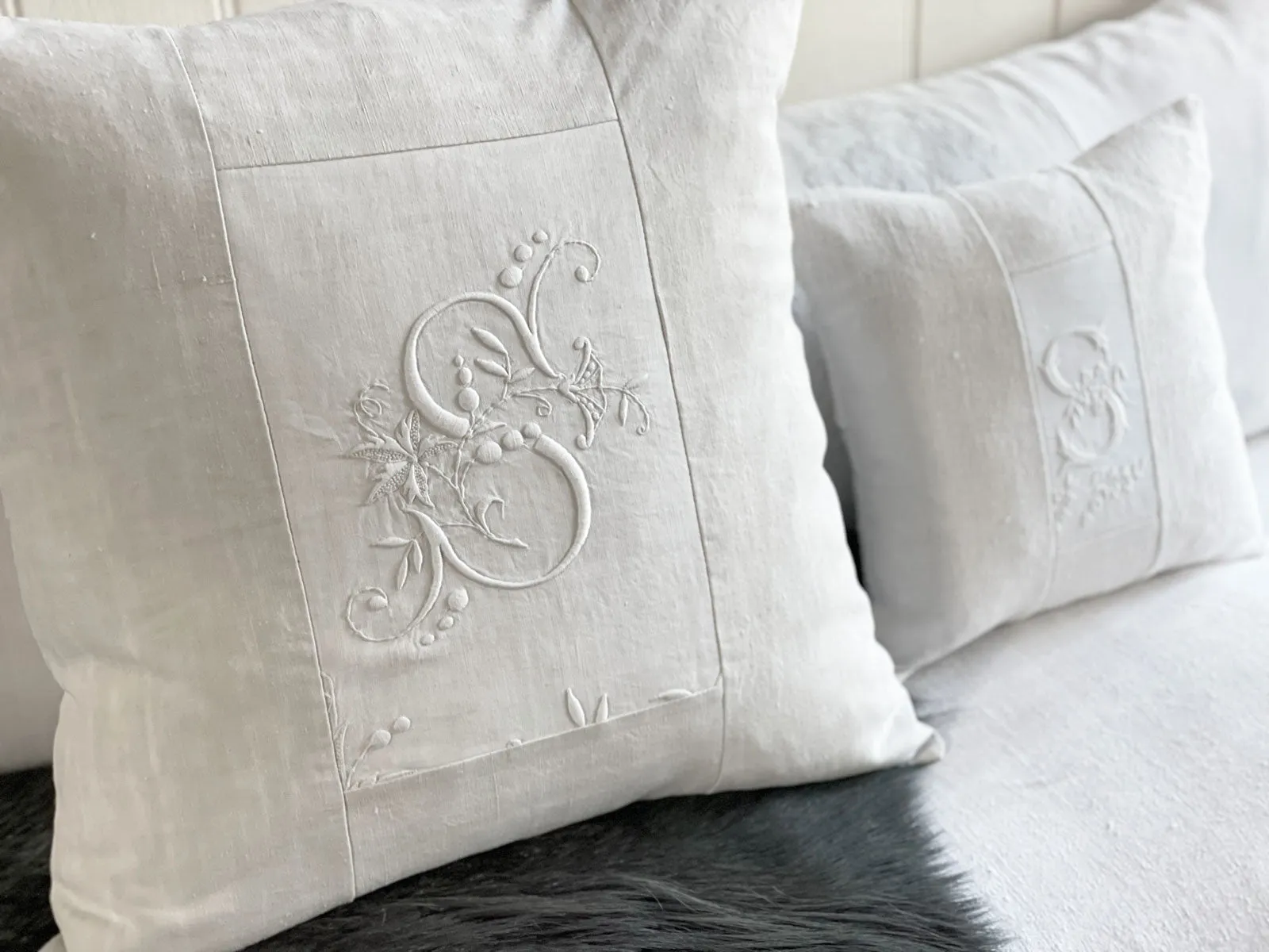 S - An Antique French Monogrammed 50cm 'S' Cushion