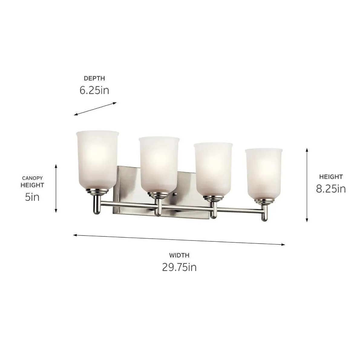 Shailene 30 In 4-Lights Bathroom Vanity Light With Clear Satin Etched Glass, Brushed Nickel Finish