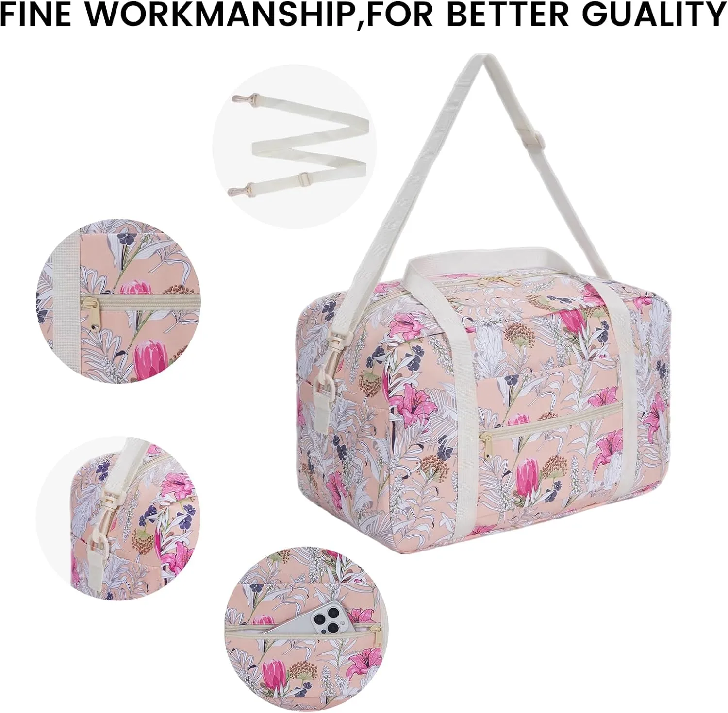 Small Cabin Bag 40x20x25 for Ryanair Airlines Foldable Underseat Travel Bag with Shoulder Strap Lightweight Weekender Duffel Holdall Hand Luggage Bag 20L (Floral Pink)