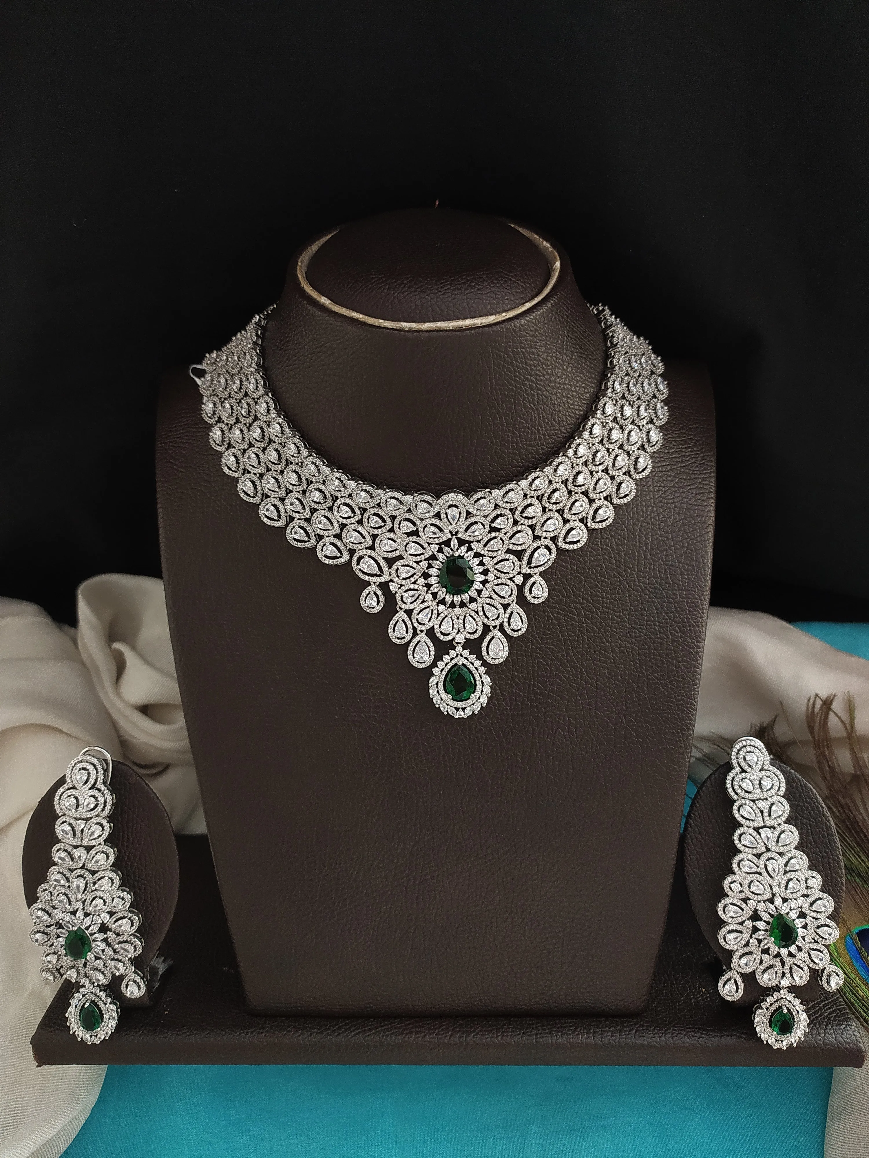 Stunning Zircon Stones Choker Set In Hydro Green Colour